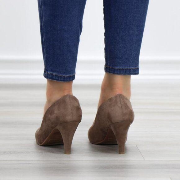 Dark Taupe Suede Round Toe Kitten Low Heel Pumps - Picture 4 of 8